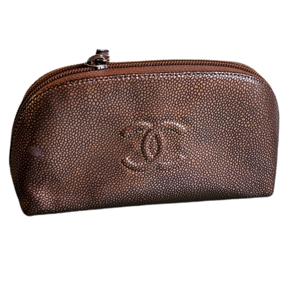 CHANEL Handbags - CHANEL Cavier Bronze Brown Gold Black Cluth Bag Pouch Silver Zipup Purse